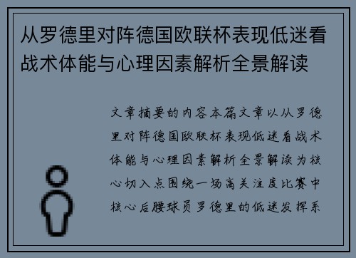 从罗德里对阵德国欧联杯表现低迷看战术体能与心理因素解析全景解读